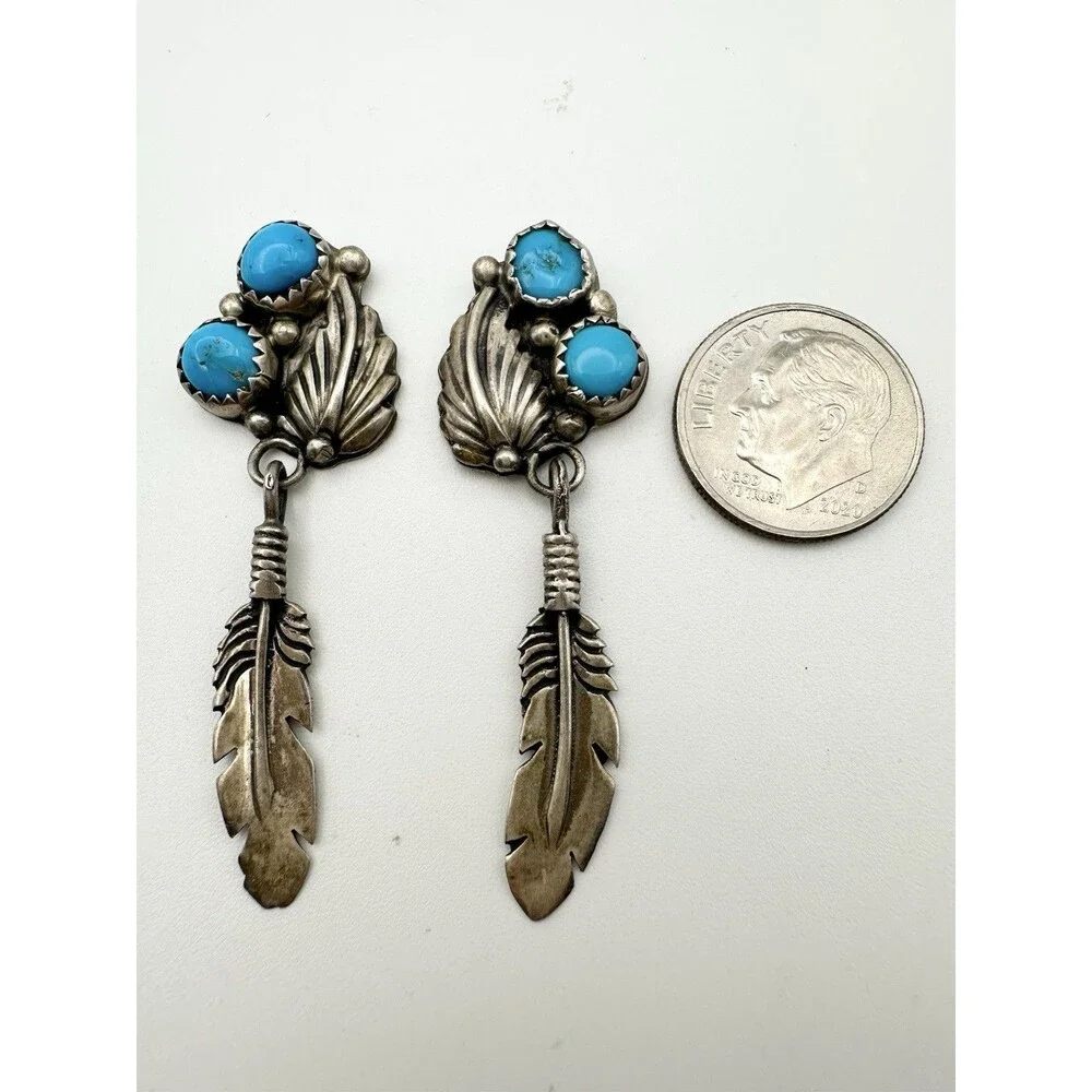 NAVAJO Signed RB TURQUOISE DANGLES STERLING SILVER EARRINGS FEATHER - For Repair